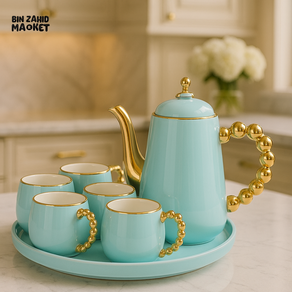LUXURY TEA SET WITH GOLD ACCENTS 6 PIECE ELEGANT SERVING SET FOR VILLA KITCHEN DECOR - TURQUOISE