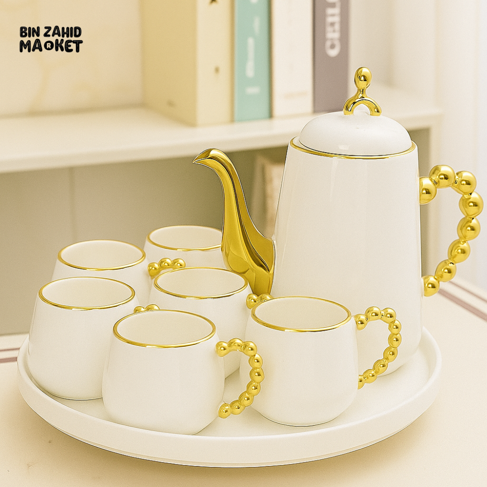 LUXURY TEA SET WITH GOLD ACCENTS 6 PIECE ELEGANT SERVING SET FOR VILLA KITCHEN DECOR - WHITE