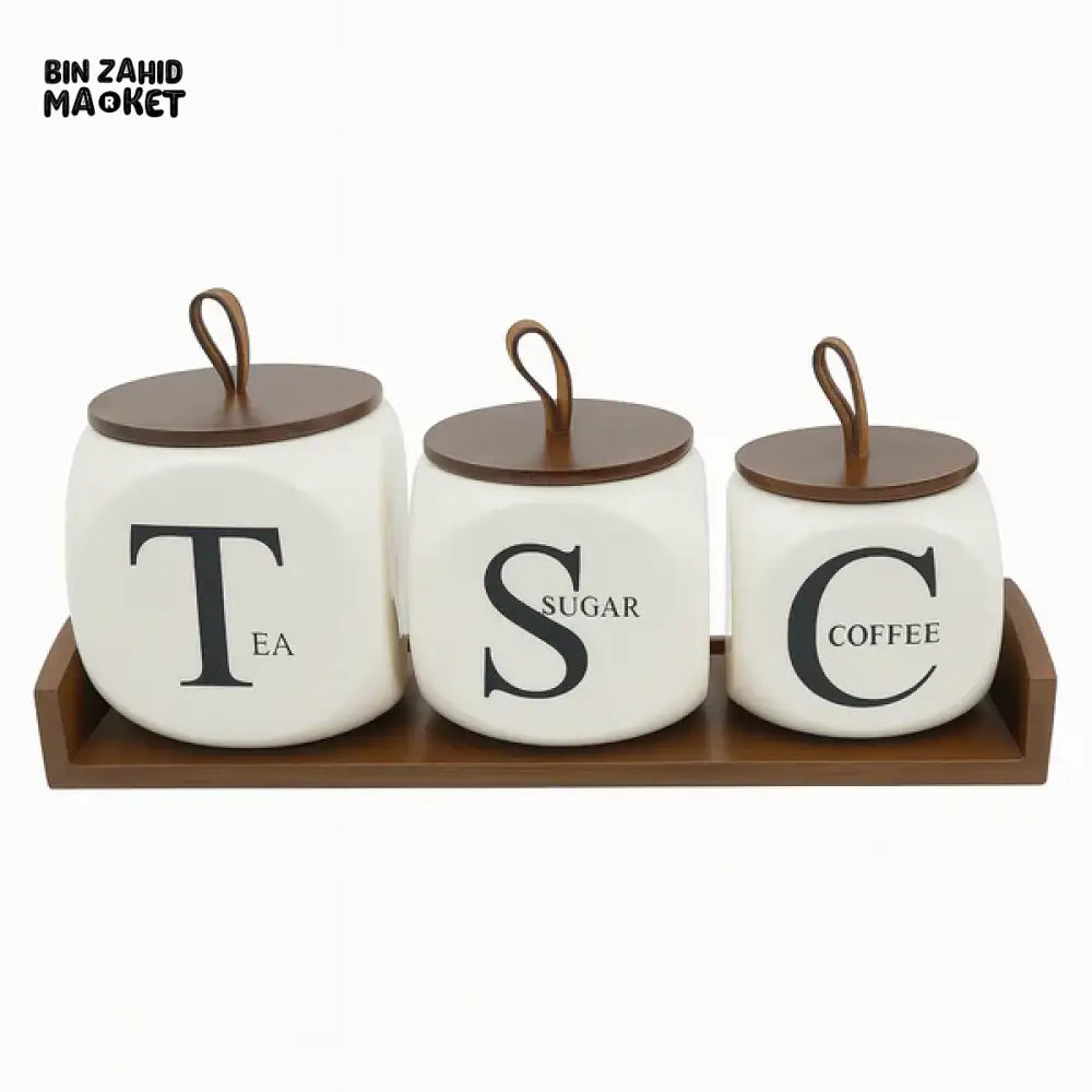 LUXURY TEA SUGAR COFFEE CANISTER SET – CERAMIC JARS WITH WOODEN LIDS & TRAY