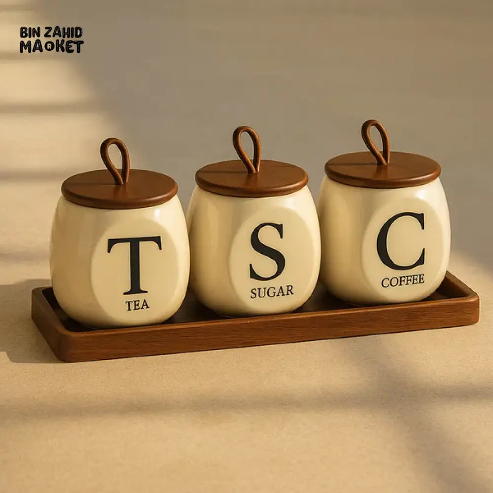 LUXURY TEA SUGAR COFFEE CANISTER SET – CERAMIC JARS WITH WOODEN LIDS & TRAY
