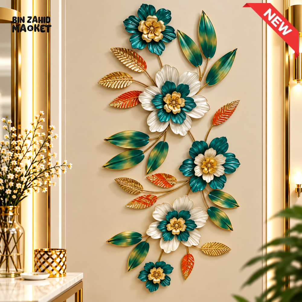 LUXURY TEAL GOLD AND WHITE FLORAL METAL WALL ART - Wall Décor