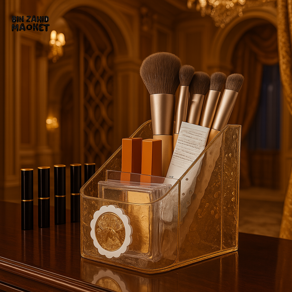 LUXURY TEXTURED ACRYLIC MAKEUP ORGANIZER – 3-COMPARTMENT BRUSH & LIPSTICK HOLDER FOR VANITY