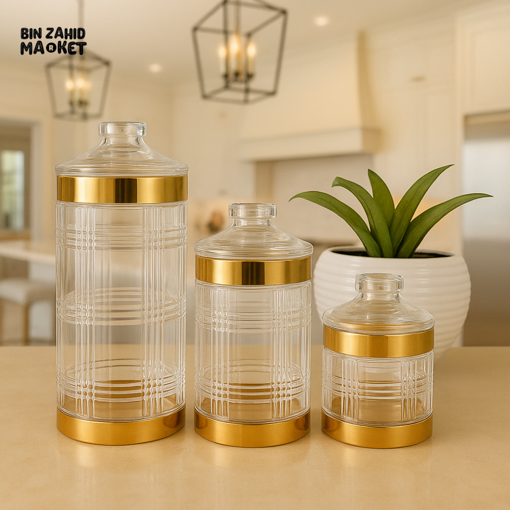 LUXURY TEXTURED GLASS JAR SET WITH GOLD LIDS – PREMIUM KITCHEN STORAGE CONTAINERS FOR SPICES, SNACKS & DRY ITEMS