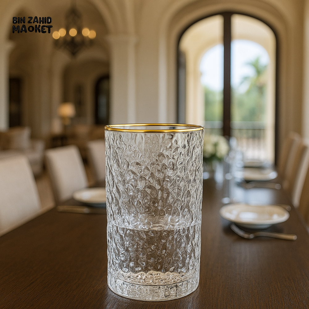 LUXURY TEXTURED GLASS SET – 400ML | 6-PIECE GOLD RIMMED TUMBLERS