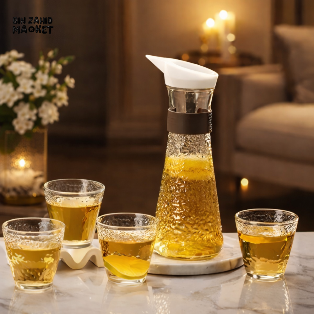 LUXURY TEXTURED GLASS WATER PITCHER WITH 4 DRINKING GLASSES