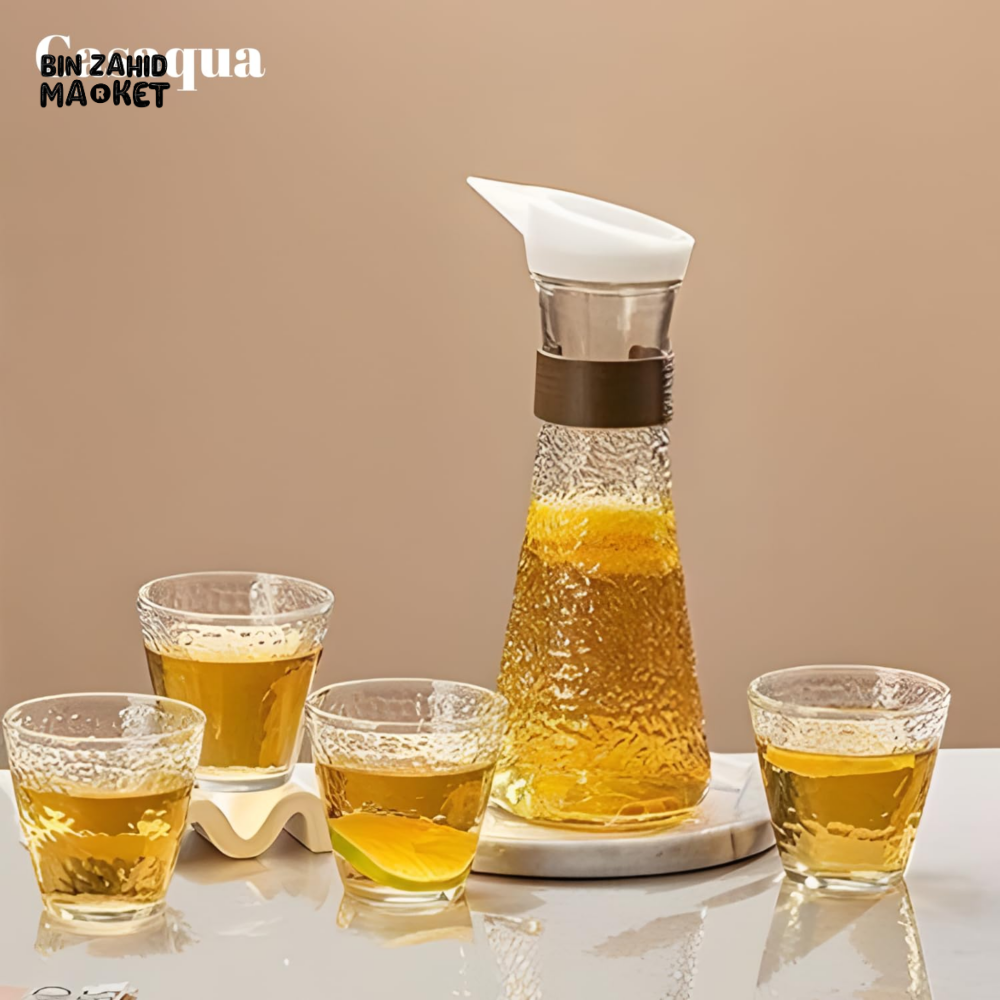 LUXURY TEXTURED GLASS WATER PITCHER WITH 4 DRINKING GLASSES