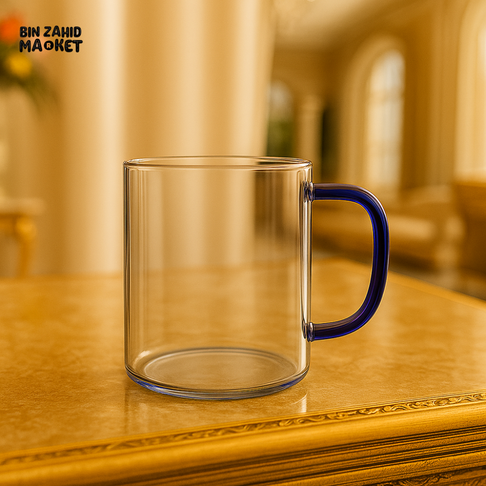 LUXURY TRANSPARENT GLASS MUG WITH BLUE HANDLE – MODERN TEA COFFEE CUP BG45113