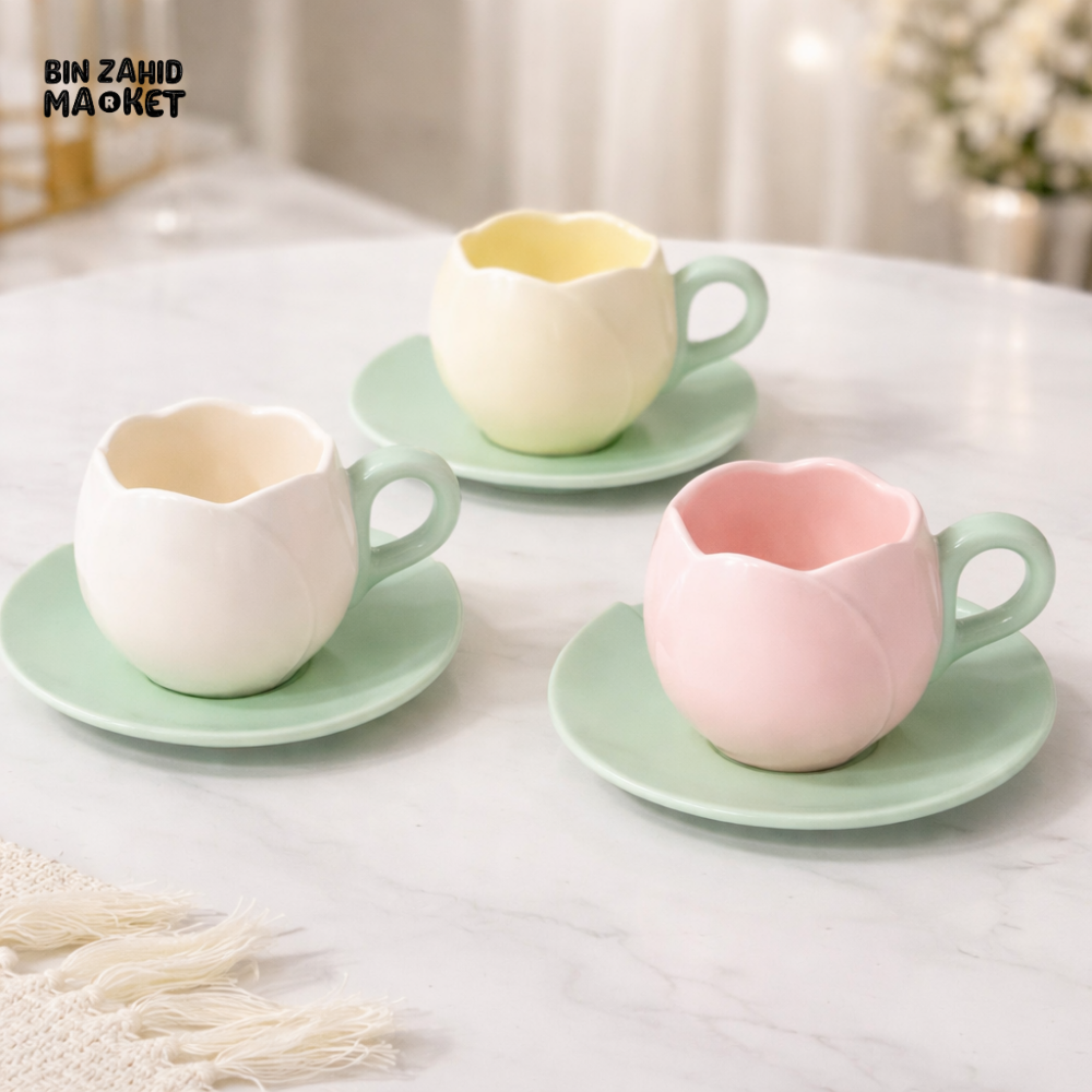 LUXURY TULIP SHAPE CERAMIC TEACUP & SAUCER SET– PASTEL COLLECTION