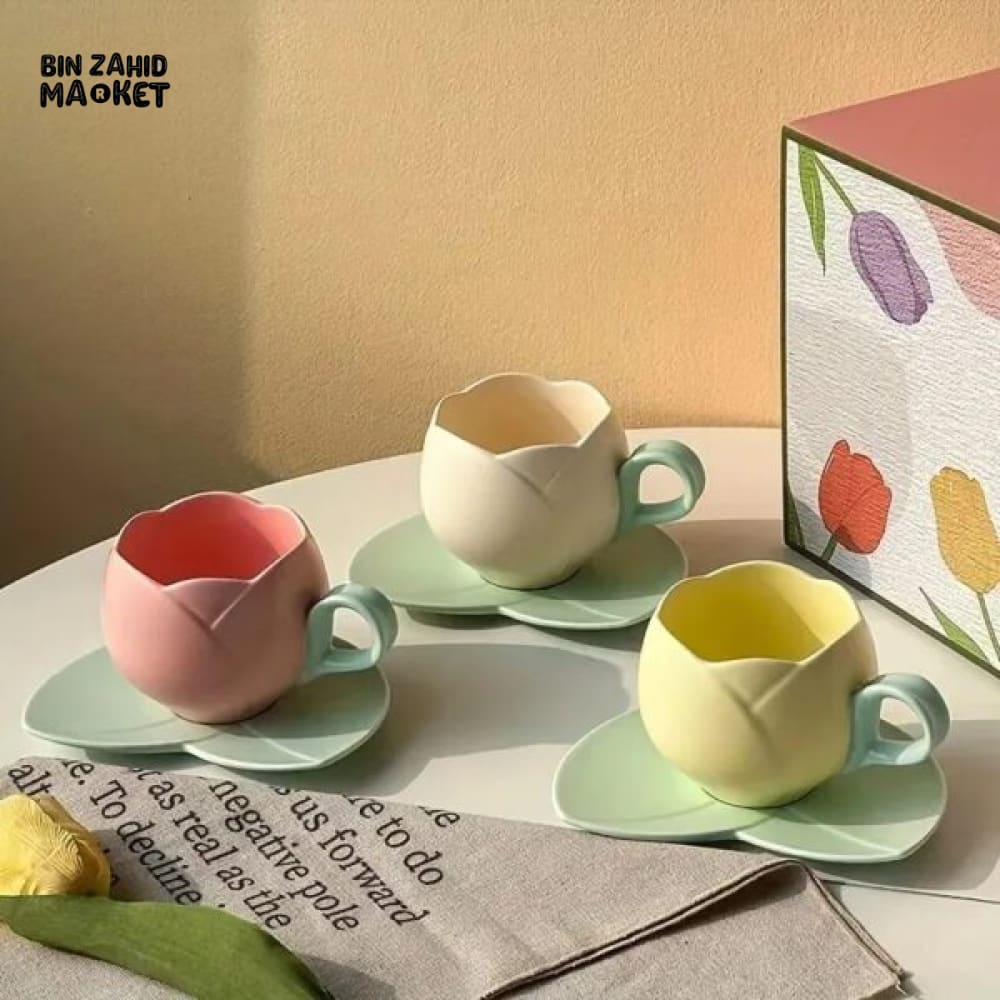 LUXURY TULIP SHAPE CERAMIC TEACUP & SAUCER SET– PASTEL COLLECTION