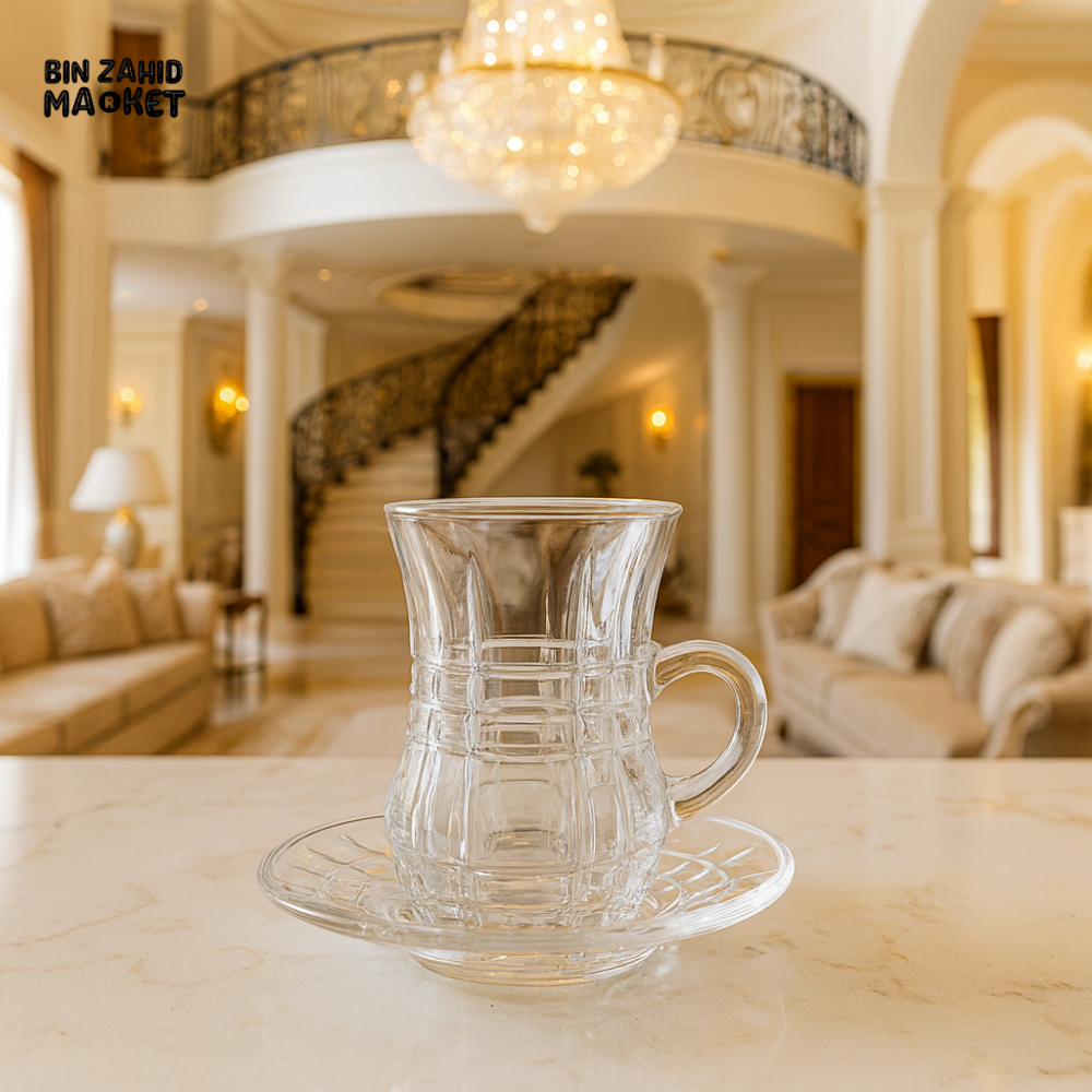 LUXURY TURKISH TEA CUP WITH SAUCER 6 PIECE 130ML – CRYSTAL GLASS SET FOR VILLA DINING ELEGANCE TCF420B/L12