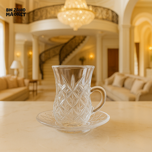 LUXURY TURKISH TEA CUP WITH SAUCER 6 PIECE 130ML – CRYSTAL GLASS SET FOR VILLA DINING ELEGANCE TCF421C/L12