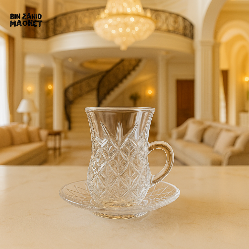 LUXURY TURKISH TEA CUP WITH SAUCER 6 PIECE 130ML – CRYSTAL GLASS SET FOR VILLA DINING ELEGANCE TCF421C/L12