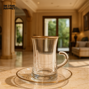 LUXURY TURKISH TEA GLASS CUP WITH SAUCER 6 PIECE 100ML – GOLD RIM DESIGN TCF415/L12