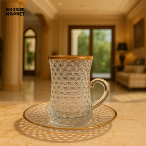 LUXURY TURKISH TEA GLASS CUP WITH SAUCER 6 PIECE 100ML – GOLD RIM DESIGN TCF416A/L12