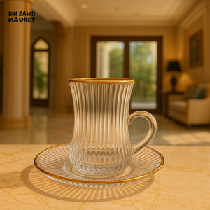 LUXURY TURKISH TEA GLASS CUP WITH SAUCER 6 PIECE 100ML – GOLD RIM DESIGN TCF417B/L12