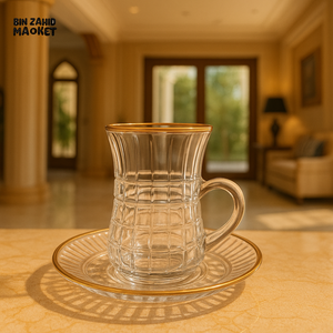 LUXURY TURKISH TEA GLASS CUP WITH SAUCER 6 PIECE 100ML – GOLD RIM DESIGN TCF418B/L12
