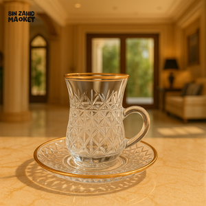 LUXURY TURKISH TEA GLASS CUP WITH SAUCER 6 PIECE 100ML – GOLD RIM DESIGN TCF419C/L12
