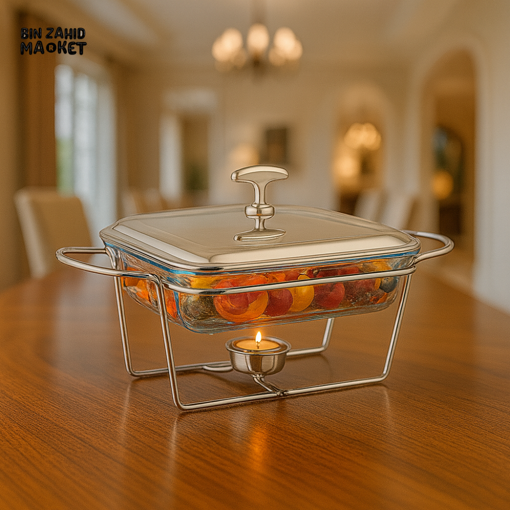 LUXURY VILLA BUFFET SQUARE BURNER DISH 2L WITH SILVER STAINLESS STEEL STAND - EB-1442