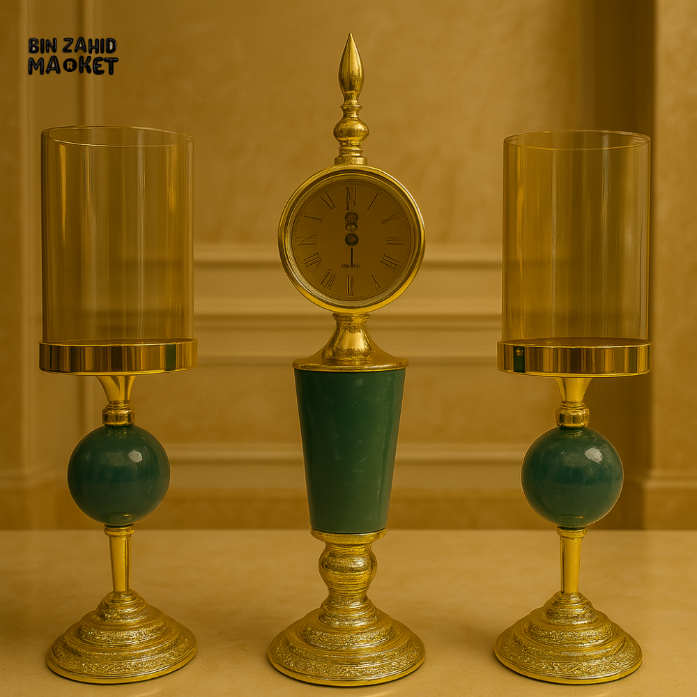 LUXURY VINTAGE CLOCK & CANDLE HOLDER SET – GREEN MARBLE & GOLDEN TABLE DECOR CENTERPIECE