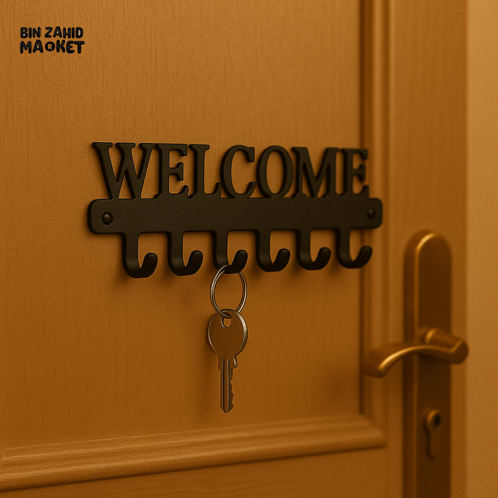 LUXURY WALL MOUNTED METAL KEY HOLDER SMALL SIZE – DOOR ENTRYWAY ORGANIZER WITH 6 HOOKS - WELCOME