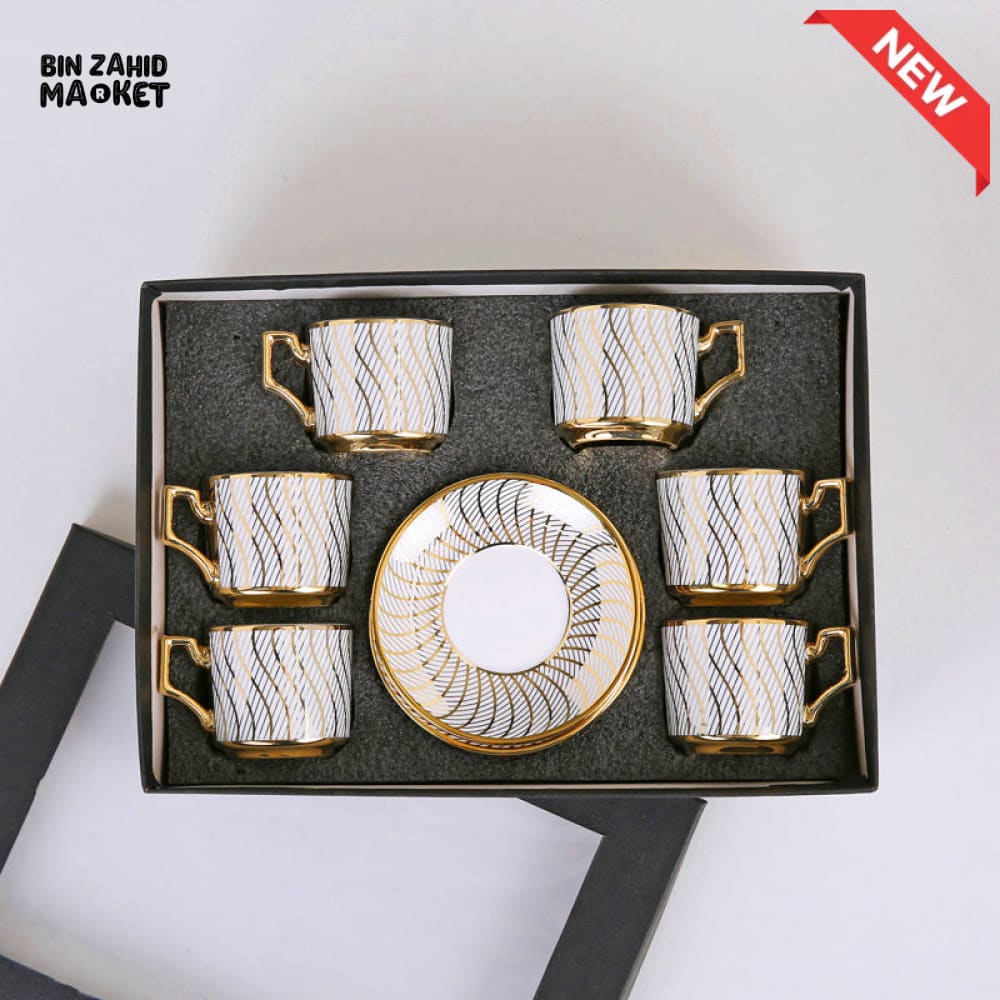LUXURY WAVE PATTERN TEA CUP & SAUCER SET – 12 PIECES PREMIUM PORCELAIN COFFEE MUG SET WITH GOLD HANDLES & MATCHING