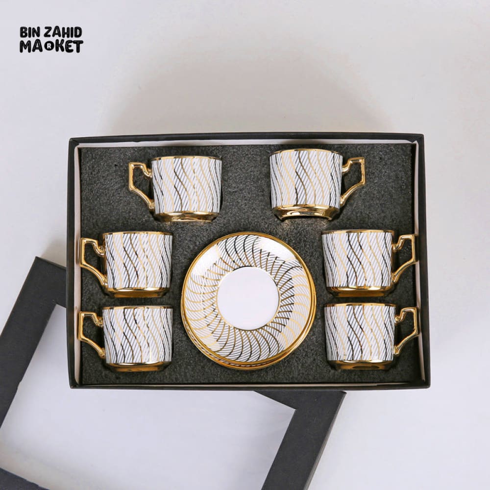 LUXURY WAVE PATTERN TEA CUP & SAUCER SET – 12 PIECES PREMIUM PORCELAIN COFFEE MUG SET WITH GOLD HANDLES & MATCHING