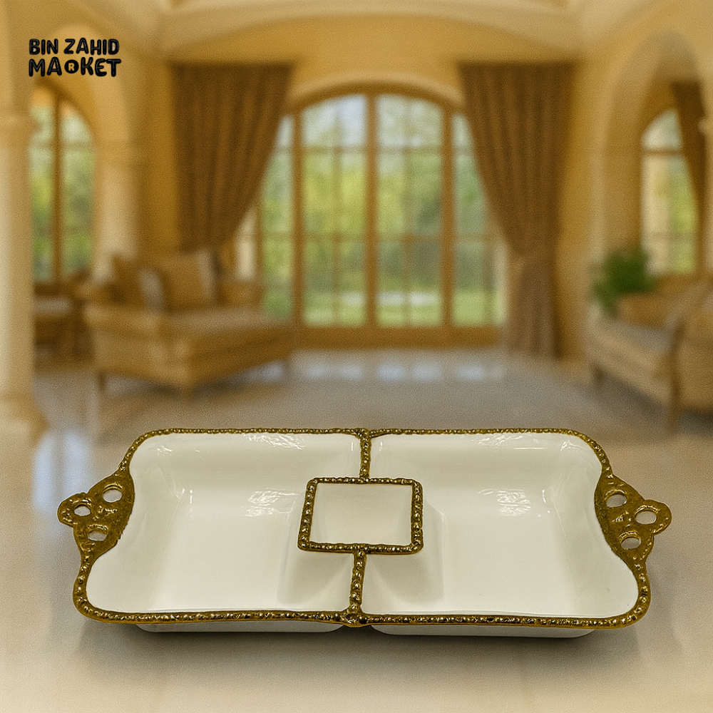 LUXURY WHITE DIVIDED SERVING DISH WITH GOLD TRIM AND HANDLES – ELEGANT VILLA TABLEWARE