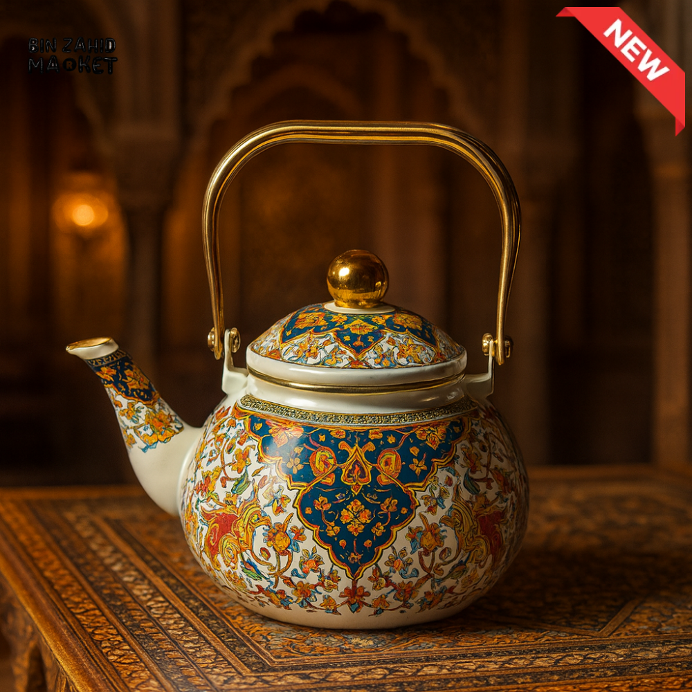 LUXURY WHITE ENAMEL TEAPOT – MOROCCAN PERSIAN PATTERN GOLD HANDLE - 2.5 LITRE