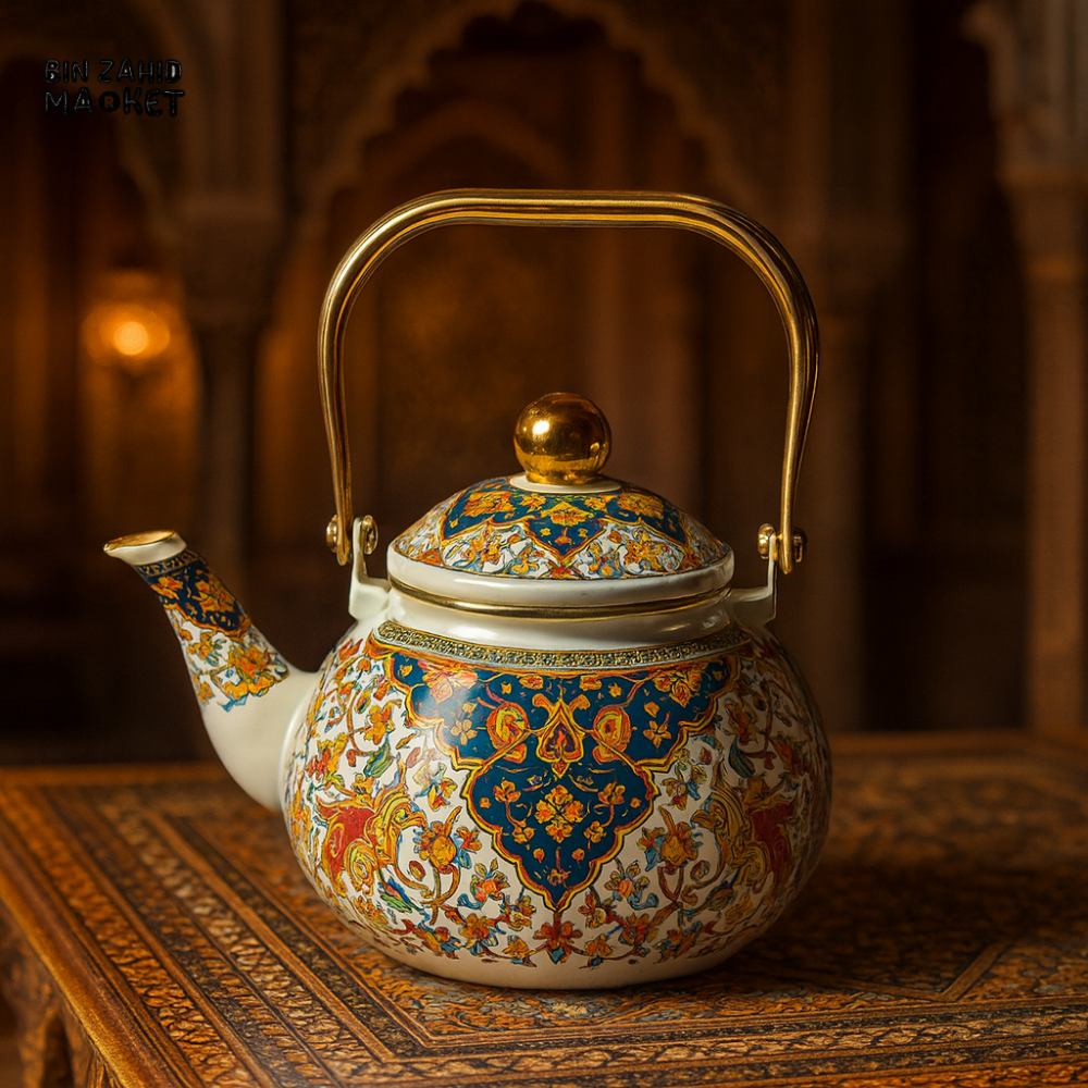 LUXURY WHITE ENAMEL TEAPOT – MOROCCAN PERSIAN PATTERN GOLD HANDLE - 2.5 LITRE