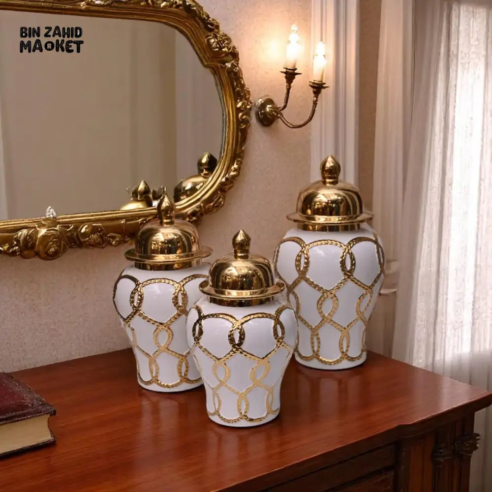 LUXURY WHITE & GOLD CERAMIC JAR – ROPE CHAIN DESIGN WITH SHINY GOLD LID