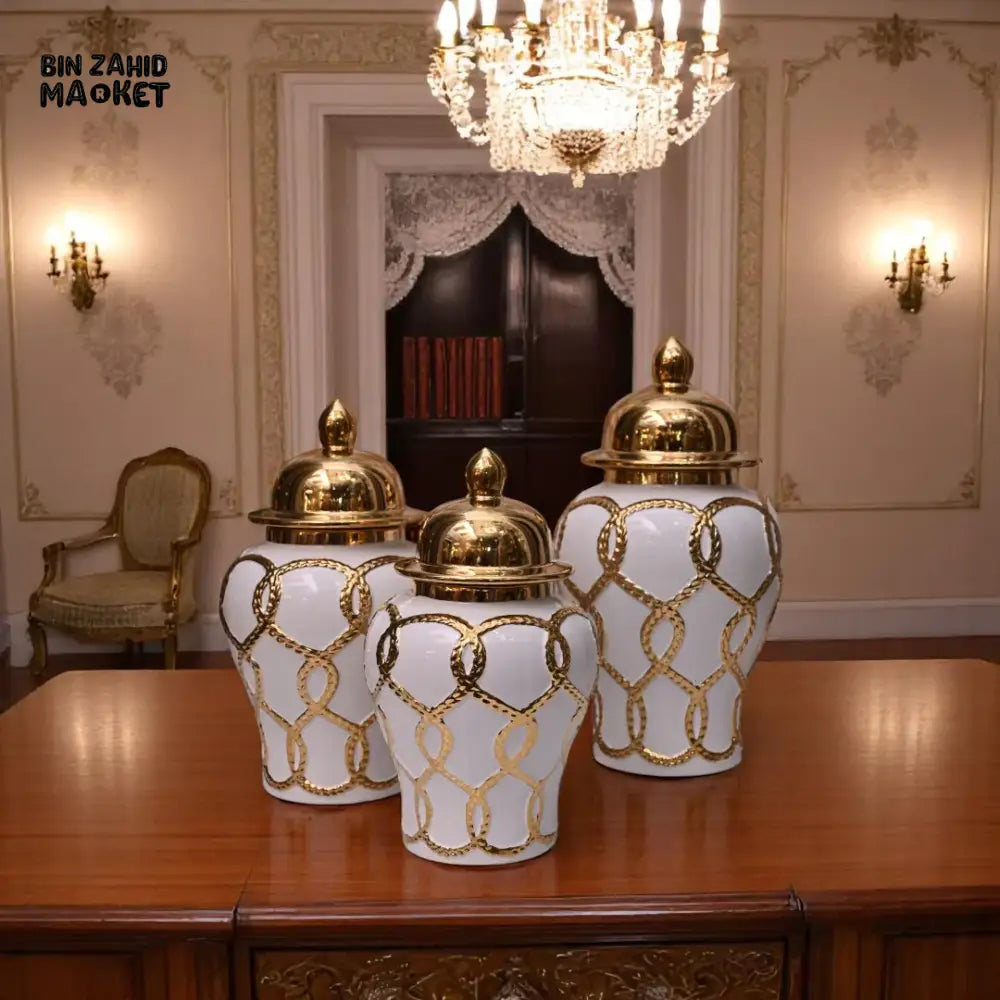 LUXURY WHITE & GOLD CERAMIC JAR – ROPE CHAIN DESIGN WITH SHINY GOLD LID