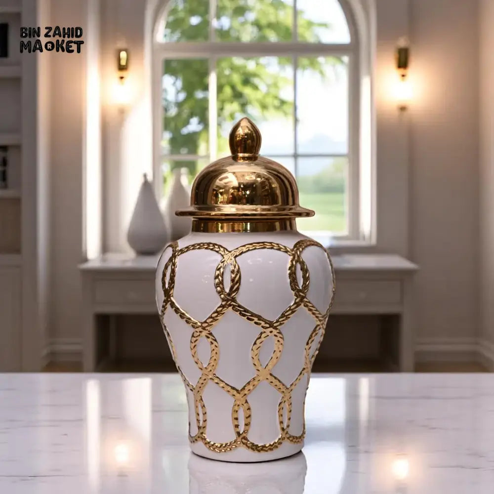 LUXURY WHITE & GOLD CERAMIC JAR – ROPE CHAIN DESIGN WITH SHINY GOLD LID LARGE