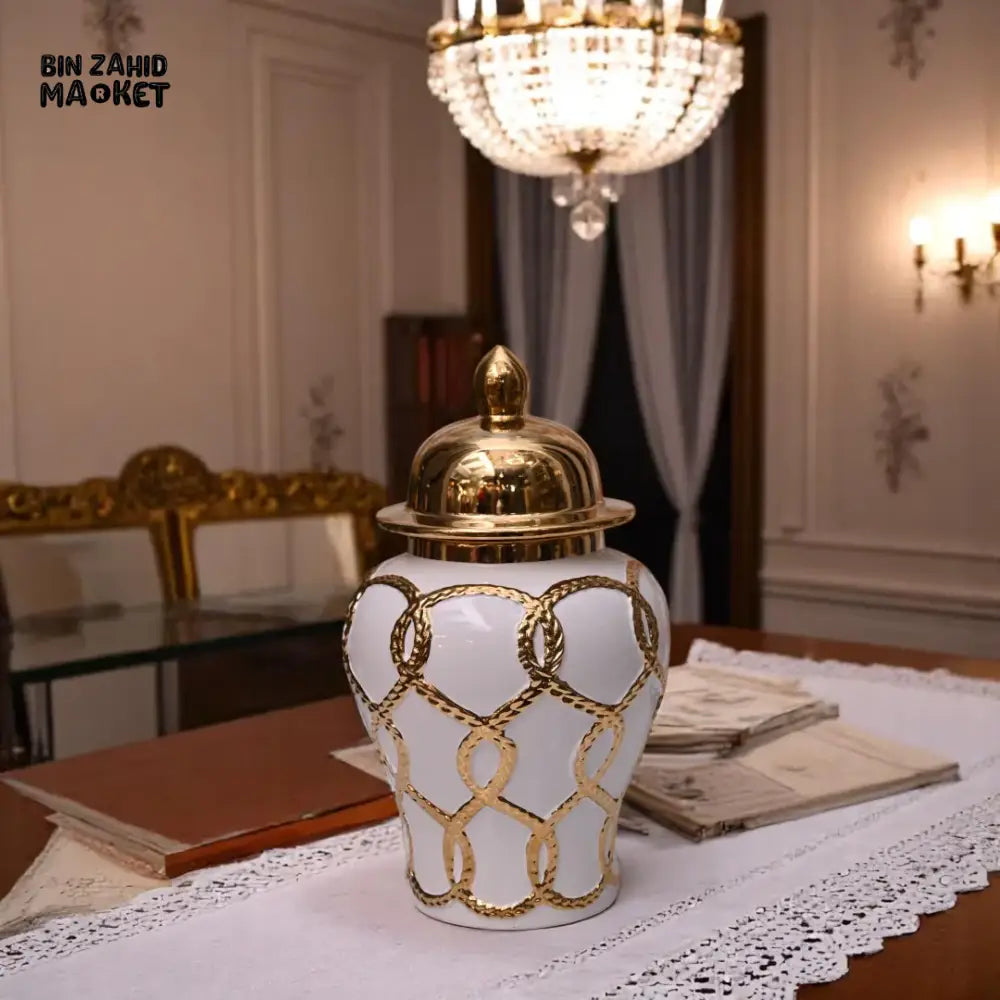 LUXURY WHITE & GOLD CERAMIC JAR – ROPE CHAIN DESIGN WITH SHINY GOLD LID MEDIUM
