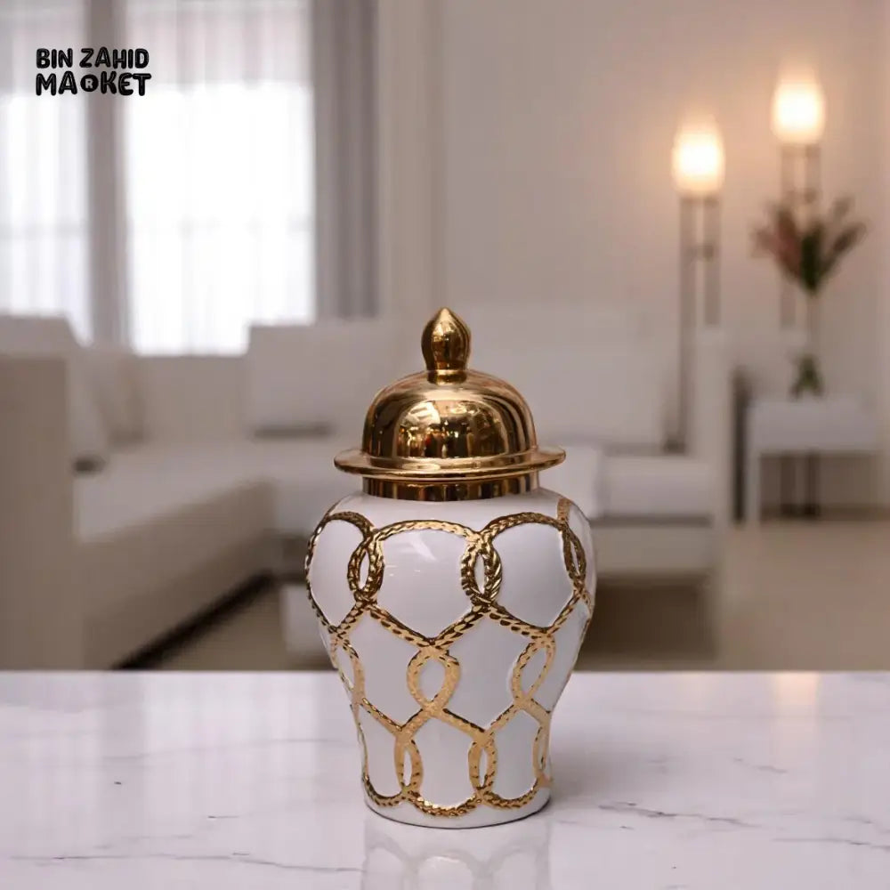 LUXURY WHITE & GOLD CERAMIC JAR – ROPE CHAIN DESIGN WITH SHINY GOLD LID SMALL
