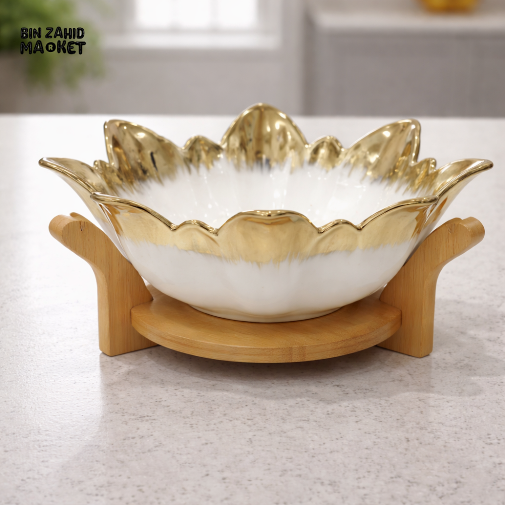 LUXURY WHITE & GOLD CERAMIC SERVING BOWL WITH WOODEN STAND