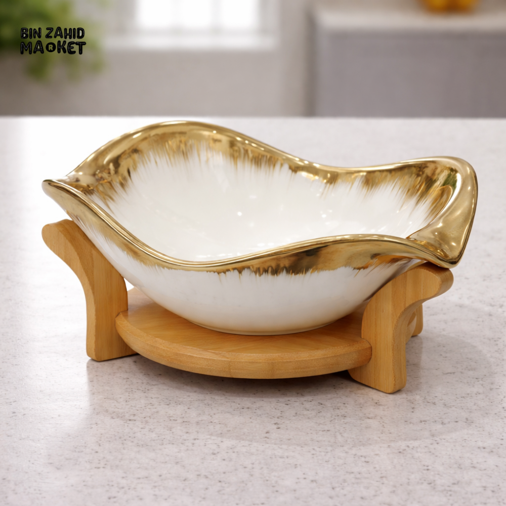 LUXURY WHITE & GOLD CERAMIC SERVING BOWL WITH WOODEN STAND