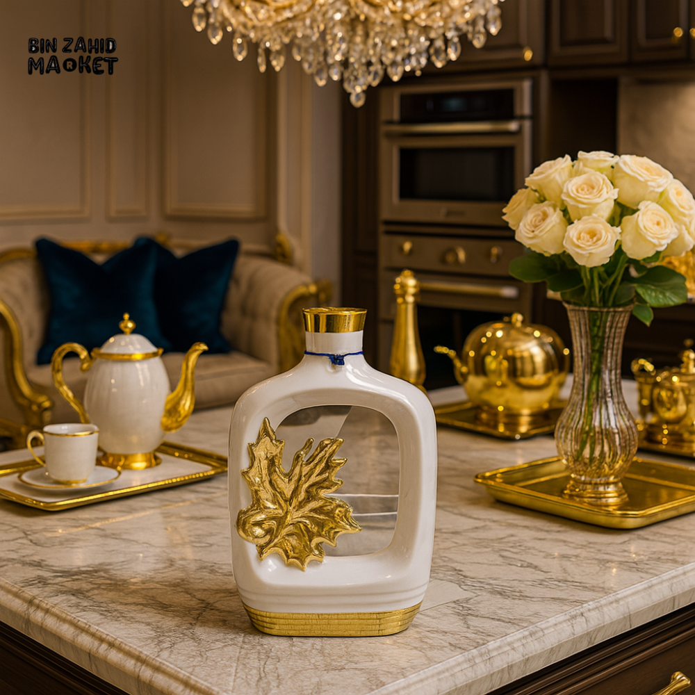 LUXURY WHITE & GOLD DECANTER WITH FLORAL VASE | ELEGANT HOME DECOR PIECE FOR DINING & KITCHEN DISPLAY