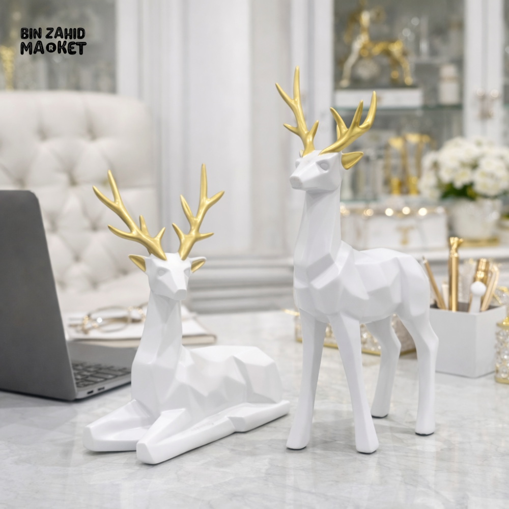 LUXURY WHITE & GOLD DEER SCULPTURE SET SITTING & STANDING – MODERN OFFICE & HOME DECOR STATUE