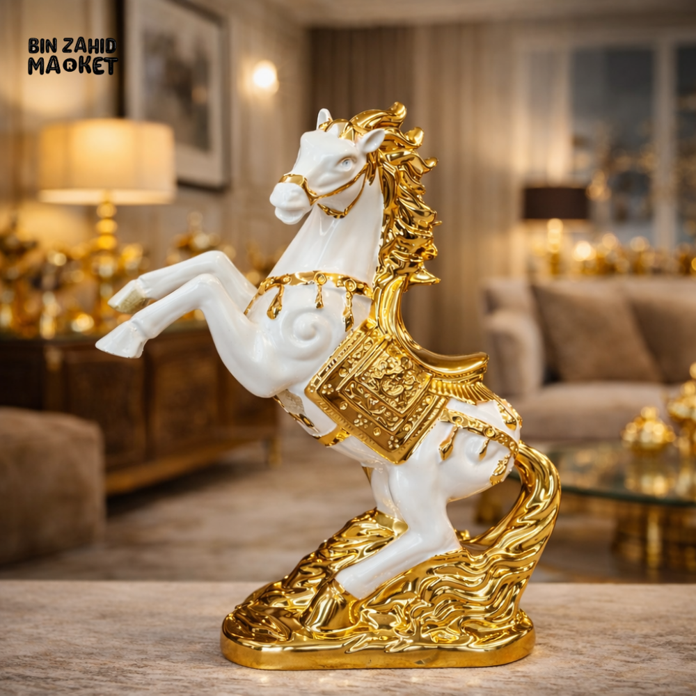 LUXURY WHITE & GOLD HORSE SHOWPIECE DECOR - 9-11 INCH