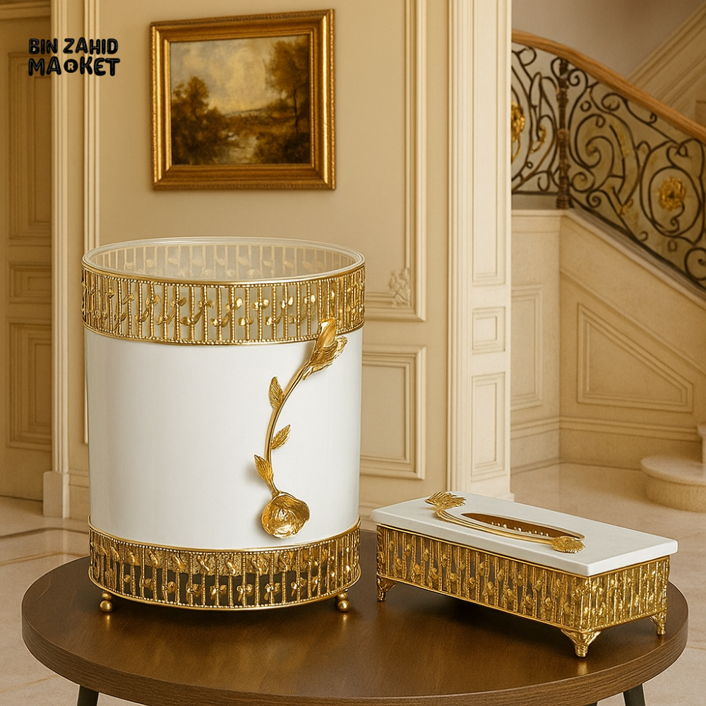 LUXURY WHITE & GOLD TISSUE BOX AND DUSTBIN SET – VILLA DECOR STYLE