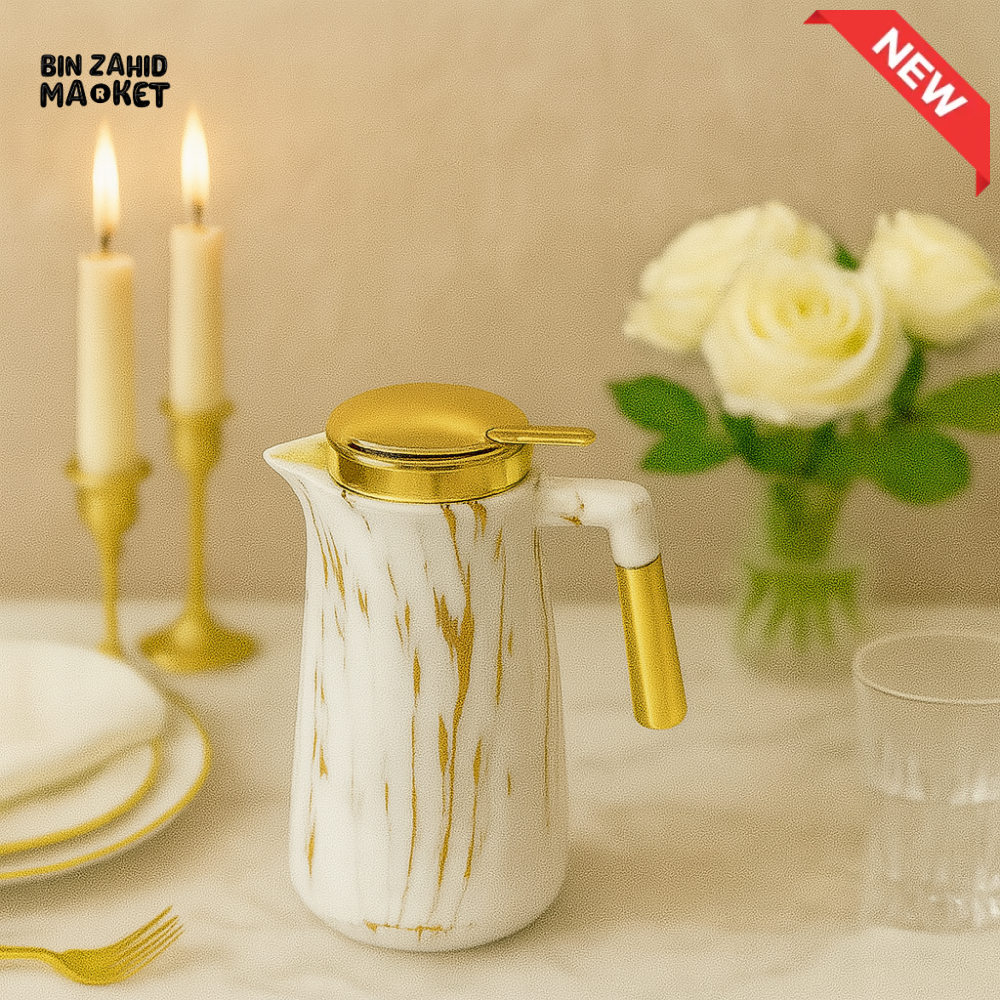 LUXURY WHITE MARBLE THERMAL CARAFE 1 LITRE – GOLD LID & HANDLE VACUUM INSULATED HOT & COLD