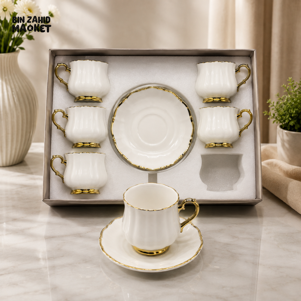 LUXURY WHITE PORCELAIN TEA CUP AND SAUCER SET WITH GOLD TRIM
