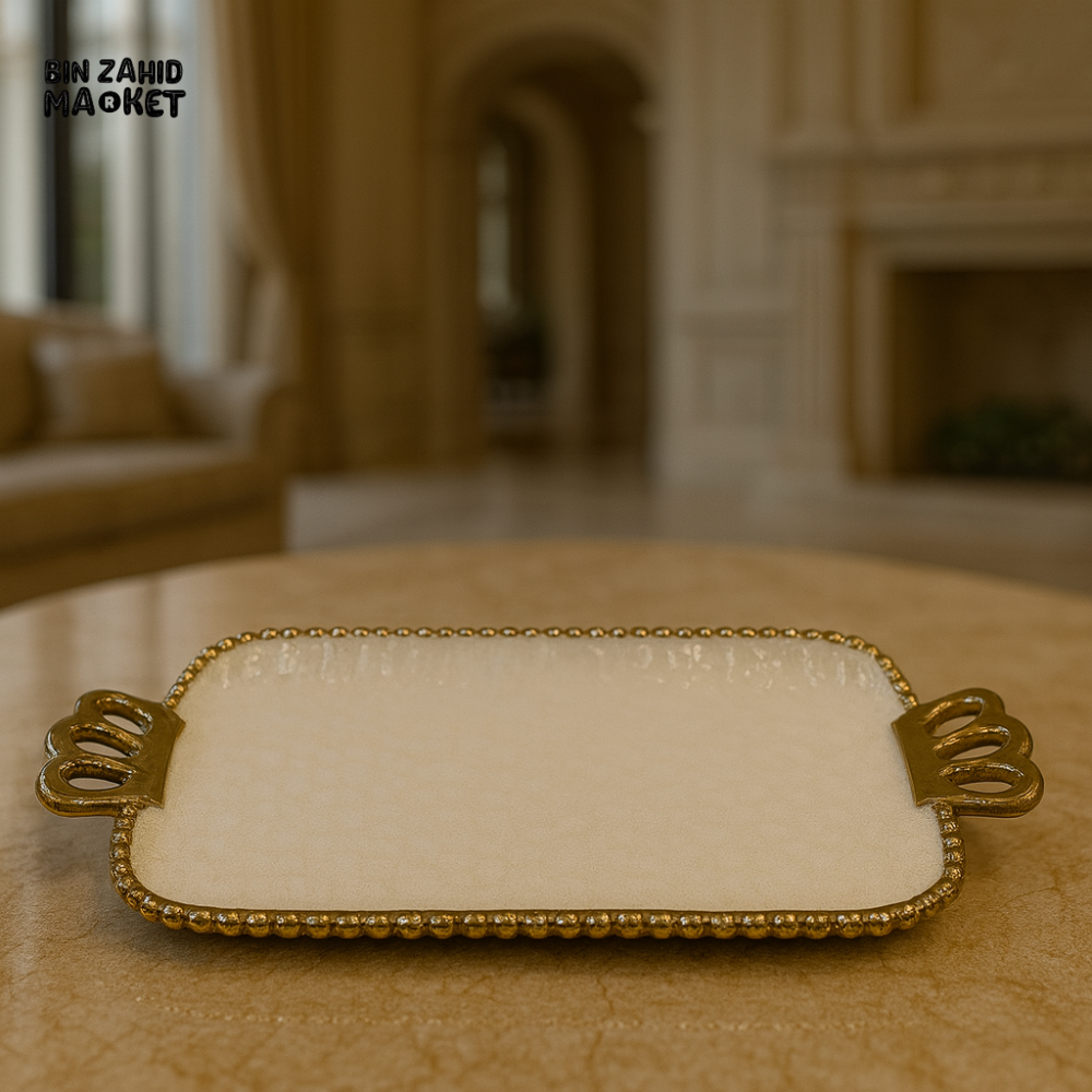 LUXURY WHITE RECTANGULAR SERVING TRAY WITH GOLD HANDLES & BEADED BORDER – ELEGANT VILLA STYLE - 12 YF016