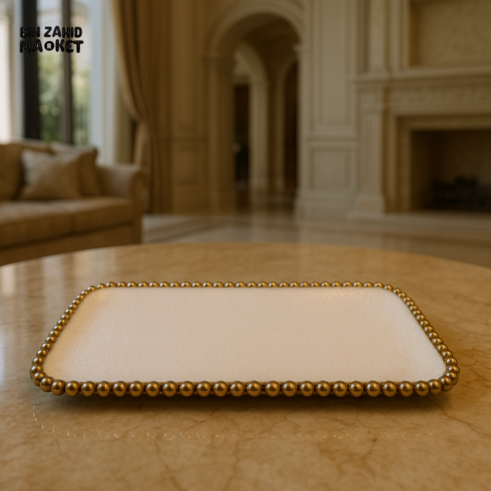 LUXURY WHITE RECTANGULAR TRAY WITH GOLD BEADED BORDER – REALISTIC VILLA STYLE SERVER YF015