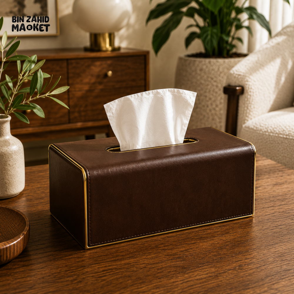 LUXURY WOOD & LEATHER TABLETOP TISSUE BOX HOLDER - ESPRESSO BROWN