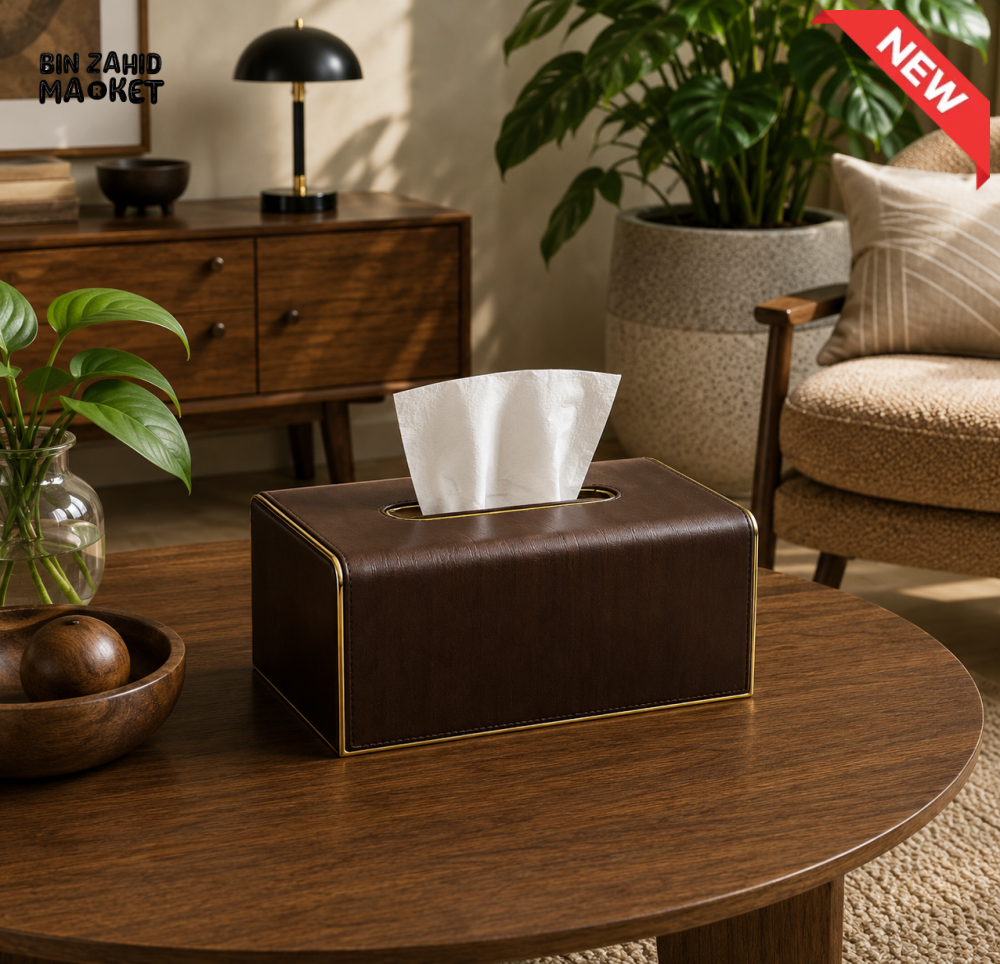 LUXURY WOOD & LEATHER TABLETOP TISSUE BOX HOLDER - ESPRESSO BROWN