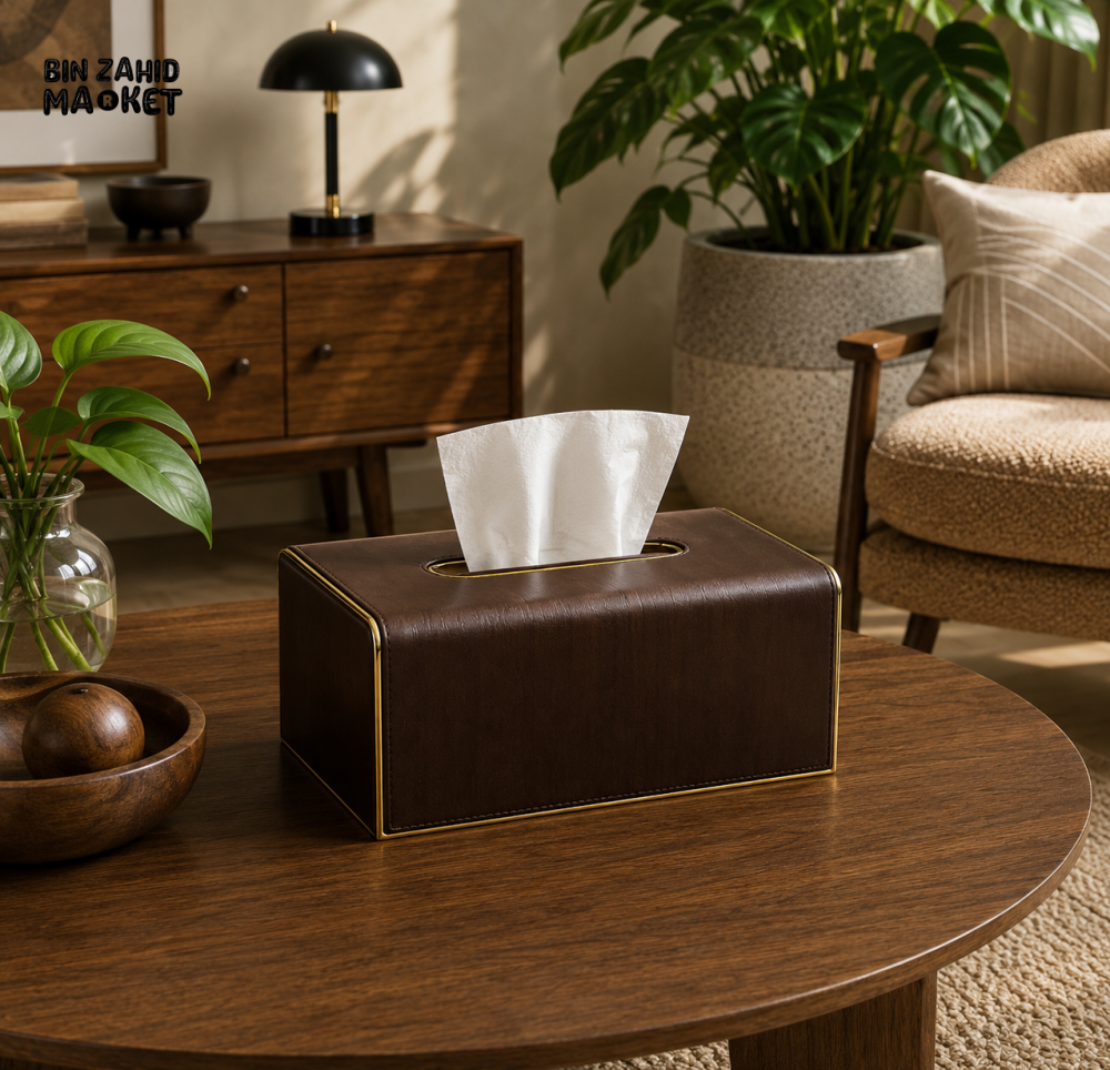 LUXURY WOOD & LEATHER TABLETOP TISSUE BOX HOLDER - ESPRESSO BROWN