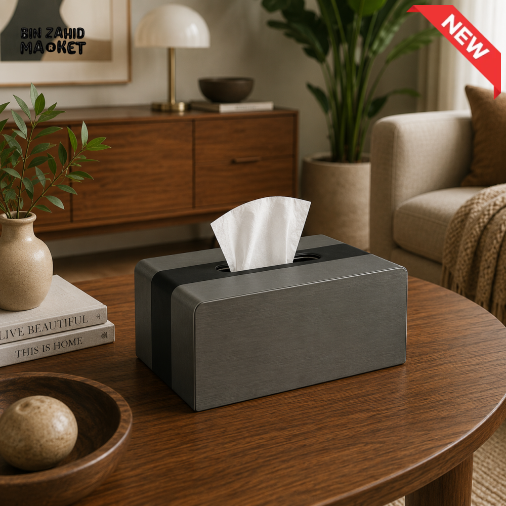 LUXURY WOOD & LEATHER TABLETOP TISSUE BOX HOLDER - GRAPHITE GREY
