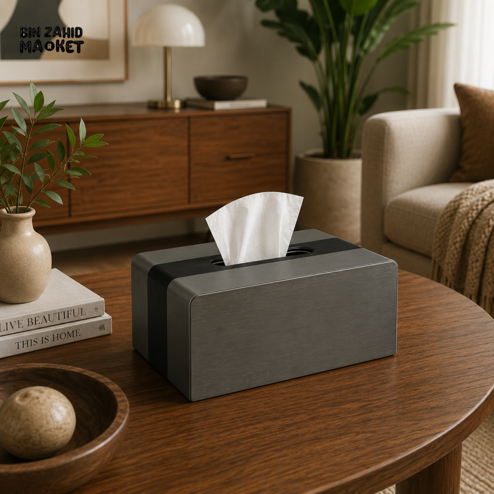 LUXURY WOOD & LEATHER TABLETOP TISSUE BOX HOLDER - GRAPHITE GREY
