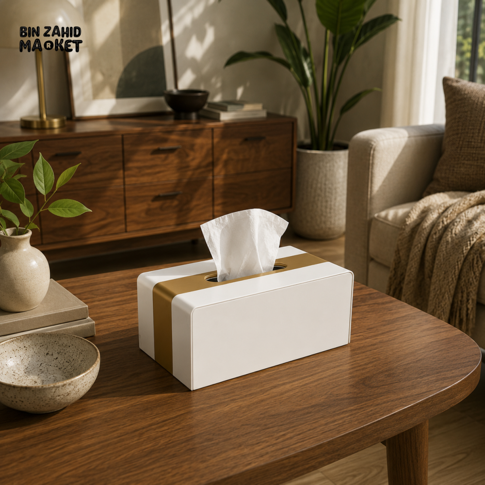 LUXURY WOOD & LEATHER TABLETOP TISSUE BOX HOLDER - IVORY WHITE